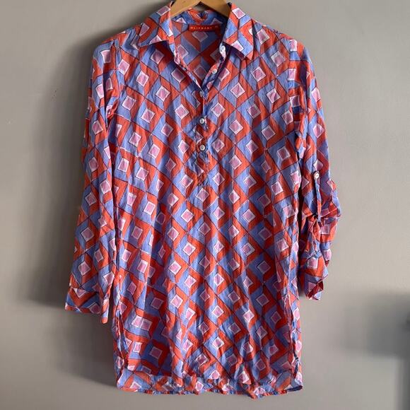 Oliphant Tops - OLIPHANT Pink Orange Chevron Print Button Up Collar Tunic Shirt Cover Up XS